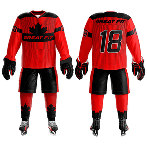 Ensemble uniforme de hockey pour homme, coupe ajustée, rouge et noir, impression par transfert thermique, respirant, 100 % polyester, sans couture, détection par aiguille de fusion - Product Image 1
