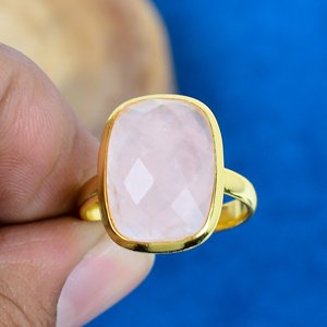 Natural Rose Quartz Gemstone Cushion Shaped <b>Ring</b> 18k Gold Micron Over 925 Sterling <b>Silver</b> - Product Image 2