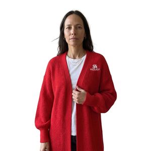 Cárdigan Largo Rojo para Mujer, Tejido de Punto Trenzado, Frente Abierto, Corte Holgado, Manga Larga, Cómodo, Informal, a la Moda, Fabricante de Prendas de Punto con Logotipo Personalizado - Product Image 1