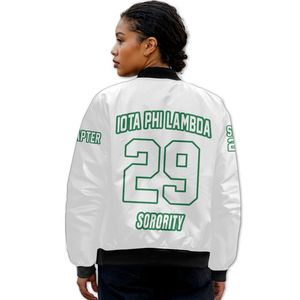 Blouson Bomber Personnalisé pour Femme Iota Phi Lambda, avec Écusson Lettres Grecques Blanches et Numéro Année sur le Devant et le Dos, Fermeture Éclair - Product Image 2