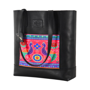 Sac fourre-tout en cuir de vachette véritable pour femme avec appliqué ethnique, sac à bandoulière décontracté pour usage quotidien, vente en gros OEM ODM - Product Image 4