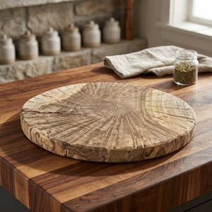 Tabla de cortar redonda de teca texturizada, bloque de preparación de madera tallado y acanalado, bandeja decorativa artesanal para charcutería - Product Image 4
