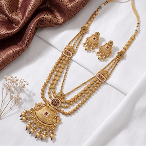 Parure de collier longue traditionnelle plaqué or avec rubis, finition mate, bijoux de mariage artificiels pour femme avec boucles d'oreilles - Product Image 4