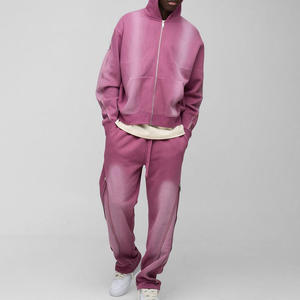 Custom Acid Wash <b>Zip</b> Up Hoodie Cargo Jogger Tracksuit Men Heavyweight 100 Percent Cotton Streetwear OEM Manufacturer - Product Image 1