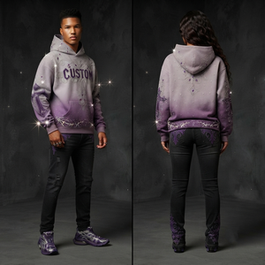 Custom Y2K Rhinestone Hoodie Men Heavyweight Cotton Vintage Ombre Wash Cross Graphic Purple Oversized <b>Punk</b> Streetwear Pullover - Product Image 4