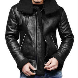 Blouson bomber en cuir véritable marron pour homme, doublé en sherpa, fermeture éclair, vêtement d'extérieur d'hiver, style moto décontracté - Product Image 4