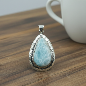 Natural Larimar Gemstone 925 Sterling Silver Handmade Hammered Design Teardrop Pendant <b>Boho</b> Statement Jewelry Gift For Women her - Product Image 3