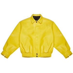 Men's Yellow PU Bomber <b>Jacket</b> Turn-Down Collar Casual <b>Short</b> <b>Sleeve</b> Solid Color Button Closure Autumn Wear - Product Image 1