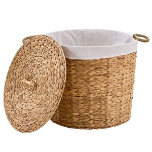 Cesto Portabiancheria Rotondo in Giacinto d'Acqua Naturale Intrecciato da 145L con Coperchio, Eleganti Cesti Portabiancheria Rotondi in Vimini - Product Image 1