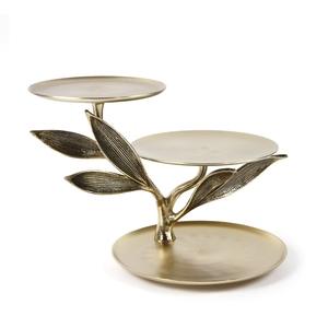 Exquisite Three-Tiered Gold Cake Stand Featuring Multiple Round Platters And An Artistic Branch Structure With Detailed Leaves - Product Image 1
