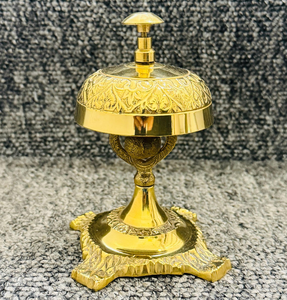 Sonnette de réception en laiton avec socle orné, dôme floral gravé, sonnette de service à pression manuelle pour hôtel, restaurant, bureau - Product Image 1