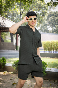 Men's Summer Formal Solid 100% Cotton Breathable <b>Knitted</b> Shorts <b>Set</b> (Green) - Product Image 3
