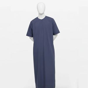 Wholesale Premium Cotton Stand Collar Modest <b>Men's</b> Loose Fit <b>Thobe</b> Islamic Eid Plus Size Floor Length Short Sleeve Quick Dry - Product Image 1