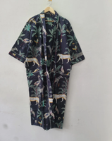 Robe kimono élégante à col en V en coton tricoté 100% écologique, imprimé motif jungle, bleu marine, longueur midi