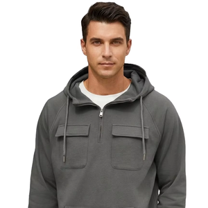 Custom Logo <b>Men's</b> Black <b>Half</b> <b>Zip</b> Pullover Hoodie Pocket Soft <b>Fleece</b> Eco-Friendly Breathable Cotton Fabric Ribbed Cuff Hem ODM - Product Image 1