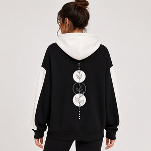 Women's Black <b>White</b> Color Block Hooded <b>Sweatshirt</b> With Floral Print Cotton Knitted Casual Autumn Wear - Product Image 2