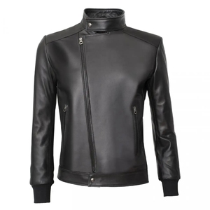 Chaqueta de cuero PU negra para hombre con cierre de cremallera, cuello alto, estilo motociclista, corte ajustado, longitud regular, disponible para la venta. - Product Image 1