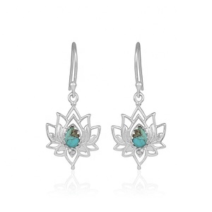 Pendientes colgantes de flor de loto turquesa tibetana natural, joyería étnica bohemia de plata de ley 925, pendientes de piedras preciosas para mujer - Product Image 1