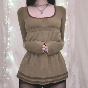 Haut en tricot blanc à col en V et manches longues pour femme avec bordure en dentelle, tenue décontractée - Product Image 2