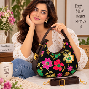 Sac hobo bohème à imprimé floral pour femme, noir, en PU, avec bandoulière, fermeture à boucle, quincaillerie dorée, toutes saisons - Product Image 3