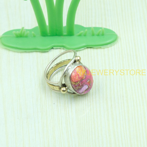 Pink Spiny Oyster Copper Turquoise <b>Ring</b> 925 Sterling Silver & Brass Handmade <b>Statement</b> <b>Ring</b> Boho Artisan Gemstone Jewelry Unisex - Product Image 5
