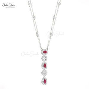 Luxury 14K Real Gold 0.63CTW Red <b>Ruby</b> Stone & Diamond Halo Lariat <b>Necklace</b> for Women Gemstone <b>Necklace</b> Wedding Jewelry Supplier - Product Image 3