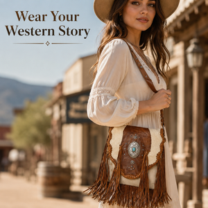 Bolso Bandolera de Cuero Genuino Hecho a Mano con Flecos y Concho Turquesa, Estilo Vaquero Bohemio para Mujer - Product Image 2