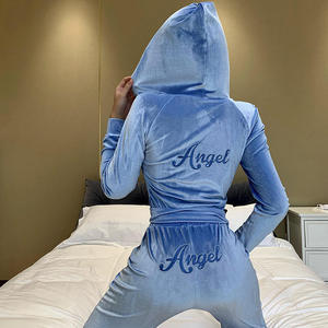 Ensemble de survêtement décontracté pour femme en velours bleu avec capuche, broderie ange, tenue de détente longue pour l'automne - Product Image 1