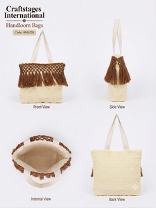 Sac fourre-tout tissé à la main en tissu uni avec fermeture éclair et franges/pompons, sac à main décontracté écologique pour femmes - Product Image 2