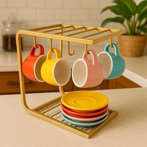 Support à tasses moderne à double niveau en métal avec étagère à assiettes pour le rangement de la vaisselle de cuisine, type sur pied, design durable - Product Image 1