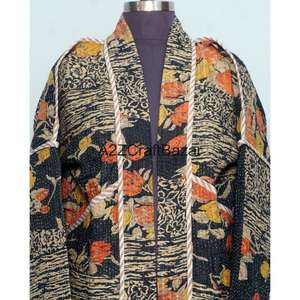 Chaqueta Reversible Acolchada para Mujer, Hecha a Mano, 100% Algodón, Estampado Floral, con Cuello en V y Cierre de Cinturón, para Otoño/Invierno - Product Image 3