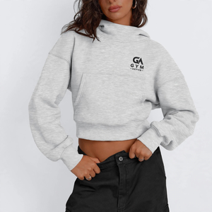 Sweat-shirt à capuche court pour femme GYM ACTIVE, gris, manches unies, sweat-shirt à capuche en molleton décontracté avec logo imprimé sur le devant - Product Image 3