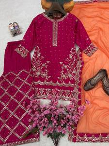Conjunto de diseñador Zari con bordado de lentejuelas y lentejuelas de hilo Chinon, top con pantalón Plazzo y dupatta, completamente cosido y listo para usar. - Product Image 6