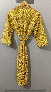 Kimono con Estampado Floral y Animal para Mujer, Amarillo, Sin Cuello, Manga Larga, Largo, Suave, No Tejido, 100% Algodón, Casual, Verano - Product Image 2
