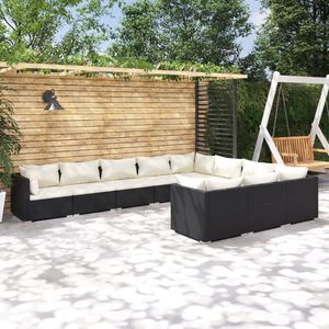 Set salotto da 10 pezzi in Poly Rattan nero con cuscini per uso giardino - Product Image 1