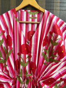 Striped Floral Eco-Friendly Washable Cotton <b>Kaftan</b> Dress for Women Printed <b>Beach</b> Cover-Up Boho Maxi Resort Wear Natural Waist - Product Image 2