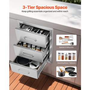 Isola Cucina da Esterno in Acciaio Inox con Tre Cassetti BBQ, 16" L x 21.5" A x 18" P, Installazione a Filo Muro con Maniglia in Acciaio Inox - Product Image 2