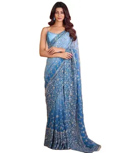 Небесно-голубое затененное сари из жоржета с вышивкой и блестками, рабочая свадебная одежда в стиле Болливуд, сари, индийская Пакистанская одежда