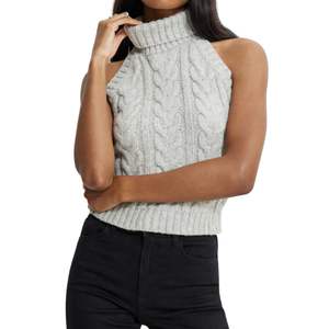 Pull court sans manches en maille côtelée noire pour femme, col roulé, coupe ajustée, avec ourlet peplum et détail avant tendance - Product Image 4