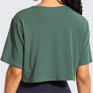 Camiseta Corta Verde para Mujer, Cuello Redondo, Color Sólido, Tejido de Punto, Transpirable, de Algodón, para Entrenamiento, Uso en Todas las Estaciones - Product Image 4