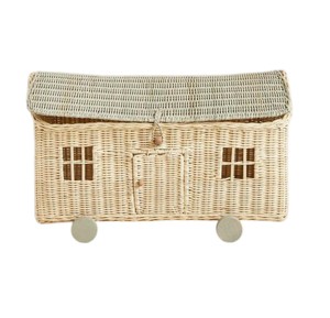 Panier de rangement en rotin tressé avec couvercle - Coffre décoratif fait main en forme de caravane pour organiser les jouets sur roulettes - Product Image 1