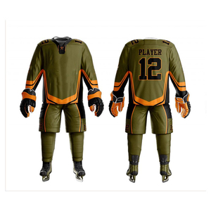 Custom <b>Ice</b> Hockey Uniform Men Adult Olive Green Orange Sublimated Moisture Wicking Full Sleeve Jersey Pants Set Winter - Product Image 1