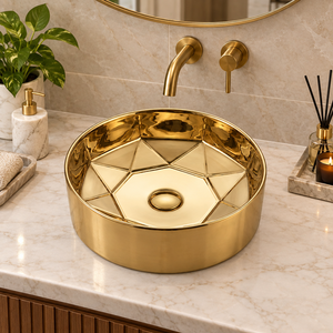 Lavabo Redondo Geométrico Facetado de Latón, Lavabo de Lujo Dorado para Encimera, Lavabo Moderno Artístico para Baño, Hotel, Villa, Sanitarios - Product Image 3
