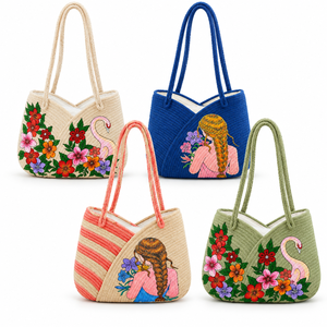Sac à bandoulière en paille style bohème personnalisable, motifs floraux peints à la main, flamants roses, longues poignées tressées pour femmes, vente en gros - Product Image 4