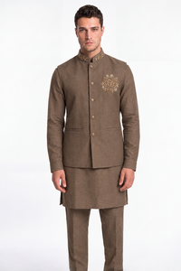 Ensemble de costume Bandhgala en soie/lin jacquard pour homme, vêtements ethniques indiens royaux sur mesure, costume de marié pour mariage et fête, 3 pièces - Product Image 1