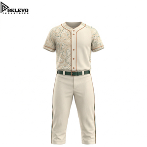 Kit d'uniforme de baseball personnalisé OEM, crème avec détails de carte topographique et ceinture vert forêt, comprenant un maillot boutonné et un pantalon - Product Image 1
