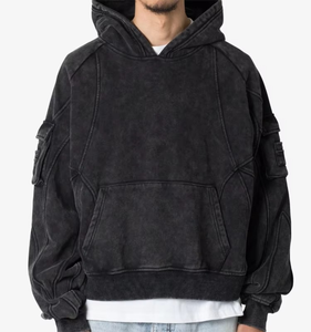 Sudadera con Capucha de Felpa para Hombre, Estilo Cargo, Oversize, Corte Regular, Tejido Grueso, Lavado Ácido, Vintage, Transpirable, para Invierno - Product Image 1