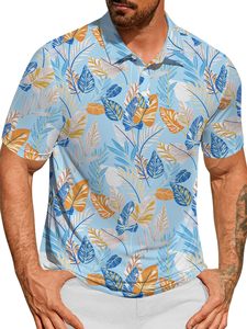 Estantes de exhibición en tiendas minoristas con estas camisetas polo botánicas de color azul claro para hombre. Nos especializamos en pedidos comerciales al por mayor y etiquetas personalizadas. - Product Image 1