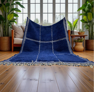 Alfombra marroquí anudada a mano, azul persa y blanca, de lana ecológica, antideslizante, de pelo medio, con diseño de pelo alto para sala de estar - Product Image 4