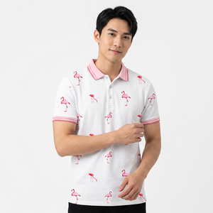 เสื้อโปโลแขนสั้นสีขาวสำหรับผู้ชายพิมพ์ลายสีชมพูผ้าฝ้ายระบายอากาศได้ดีทรงปกติ - Product Image 3